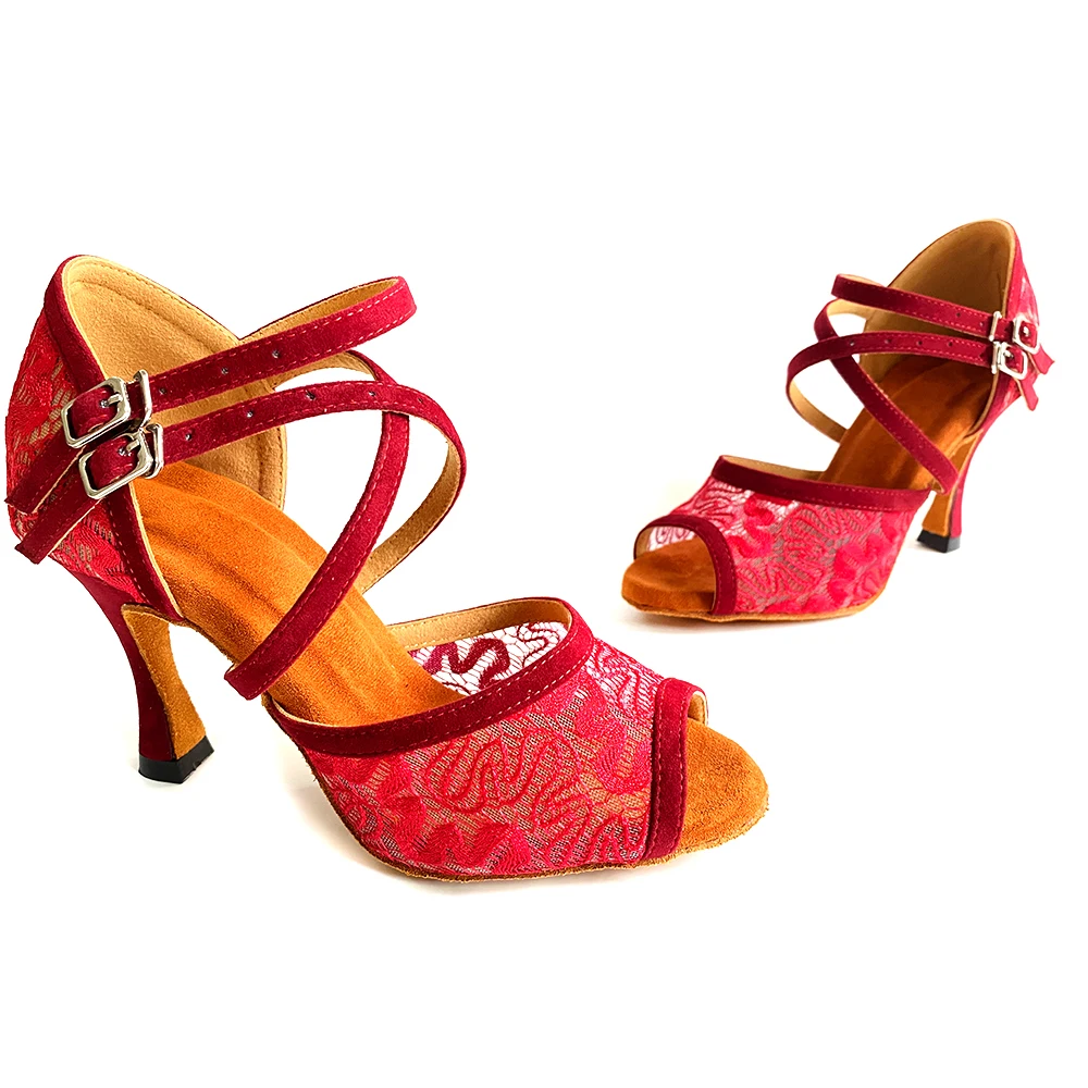 Latin Ballroom Dance Shoes Sexy Party Dance Shoes Cuban Heel 9cm  8cm 7cm New Style Red Lace Salsa Dance Shoes in Suede Outsole