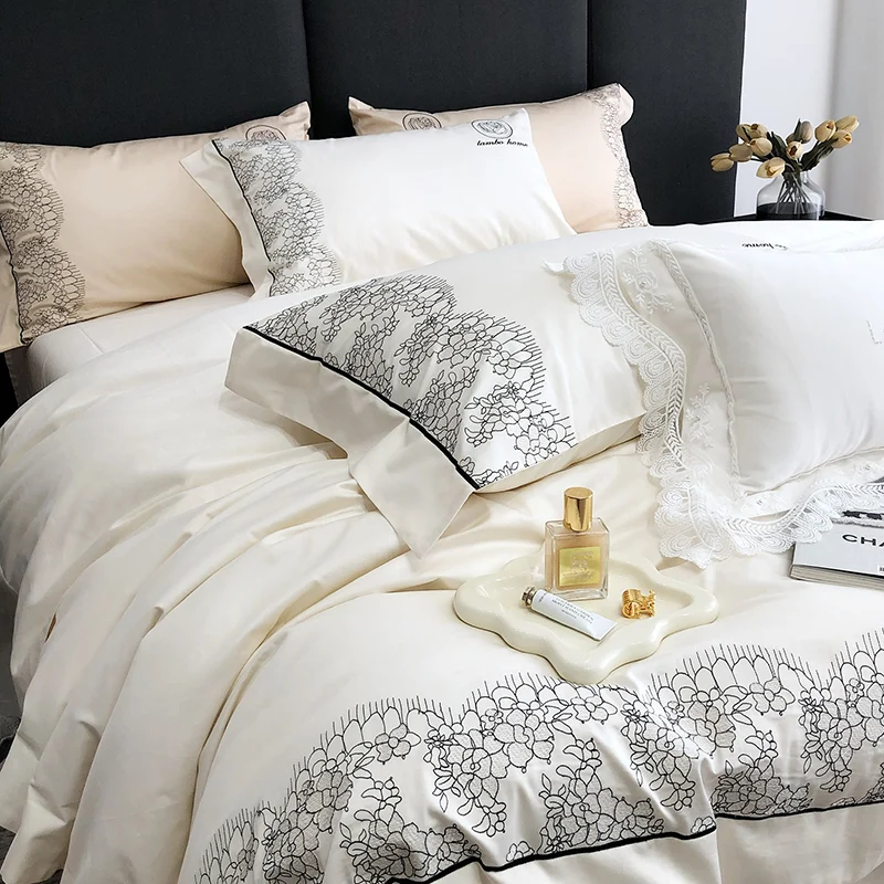 

Chic Black Lace Embroidery Bedding Set Solid Color 100S Egyptian Cotton Soft Duvet Cover Set Bed Sheet Pillowcases Home Textile