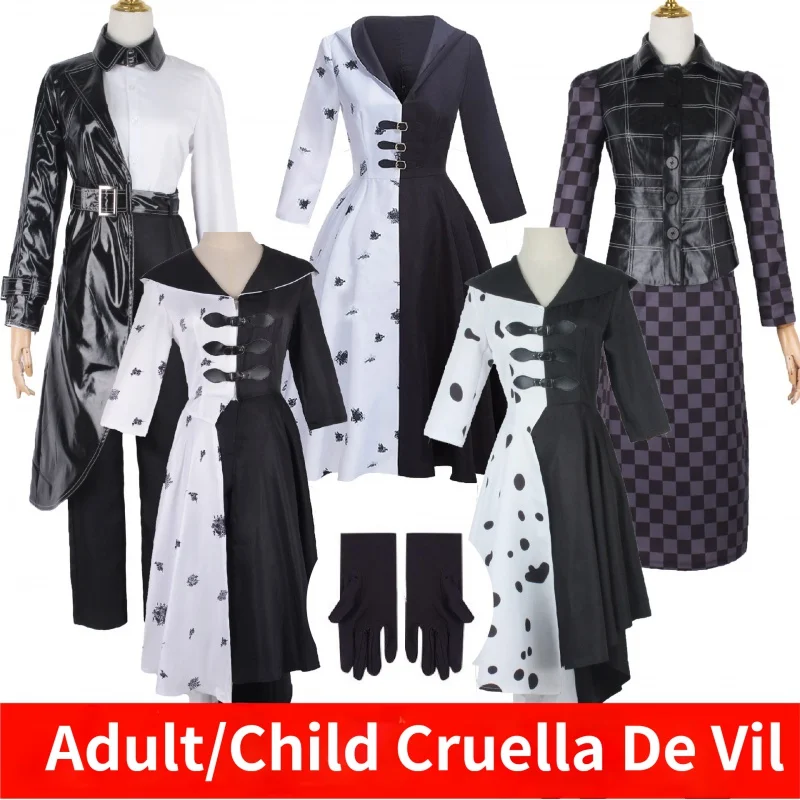 

2021 New Movie Evil Madame Cruella De Vil Costume Women Cosplay Gown Black White Maid Dress Halloween Party Fancy Dress Wig