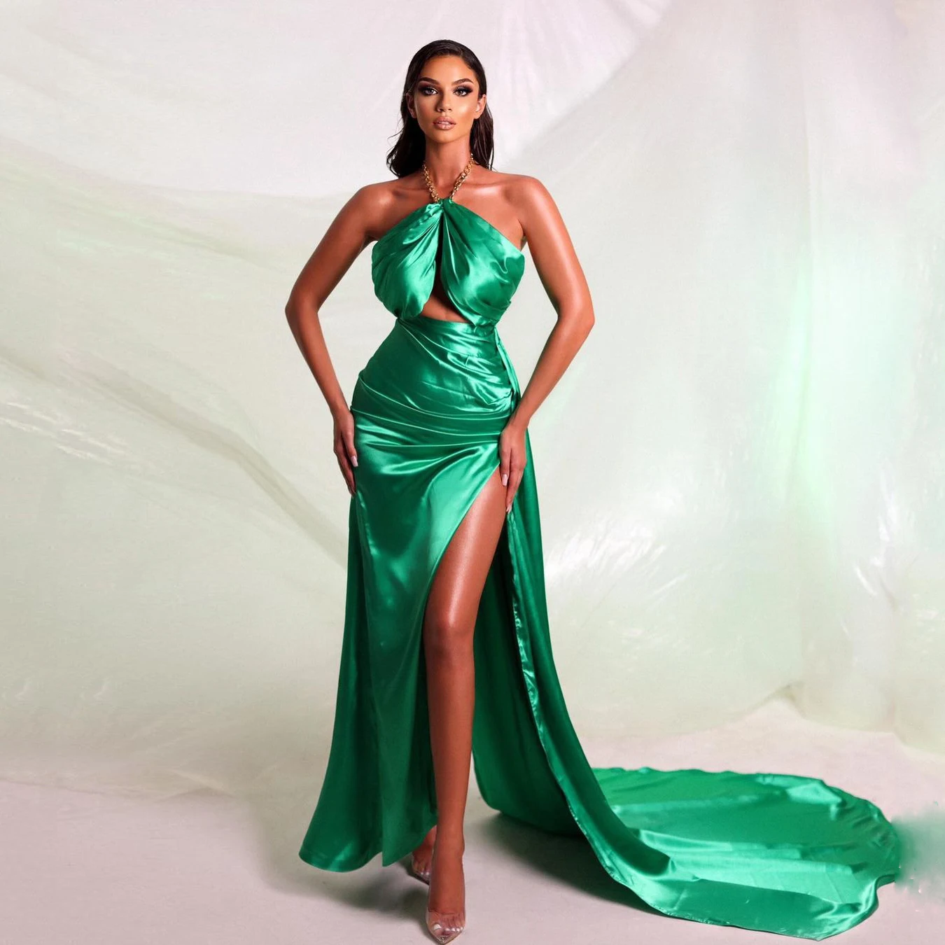 

Elegant Sexy Mermaid Long Evening Gowns Halter Sleeveless Backless High Slit Women Pageant Prom Dresses Plus Size Custom Made