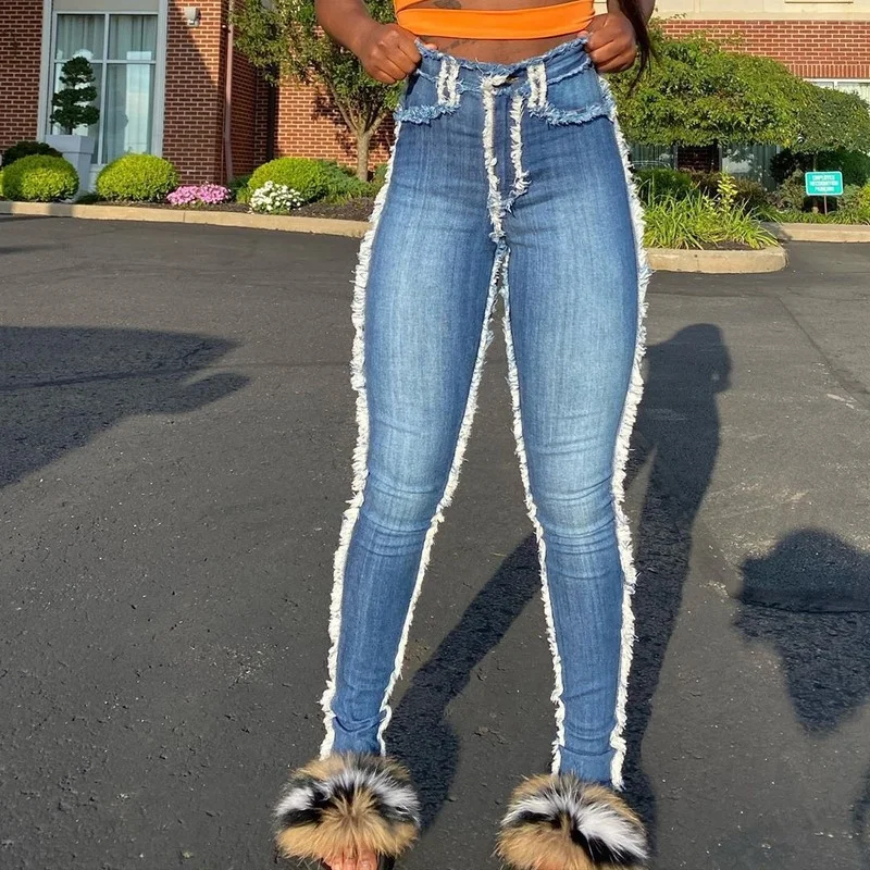 Tassel Splicing Denim Pants Women Fashion High Waist Washed Pencil Jeans Ripped Trousers Street Skinny High Waist Lady Pants