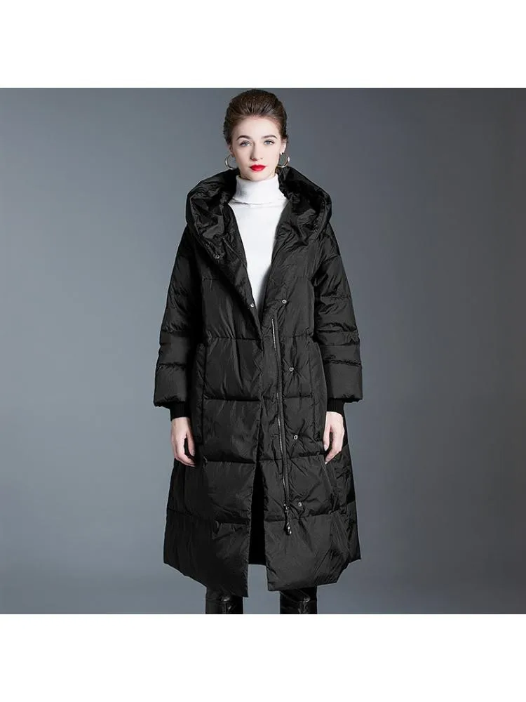 European Style 2022 Winter High End Loose Hooded Padded Black Long 90 White Duck Down Coats Women Warm Bread Clothing Jackets