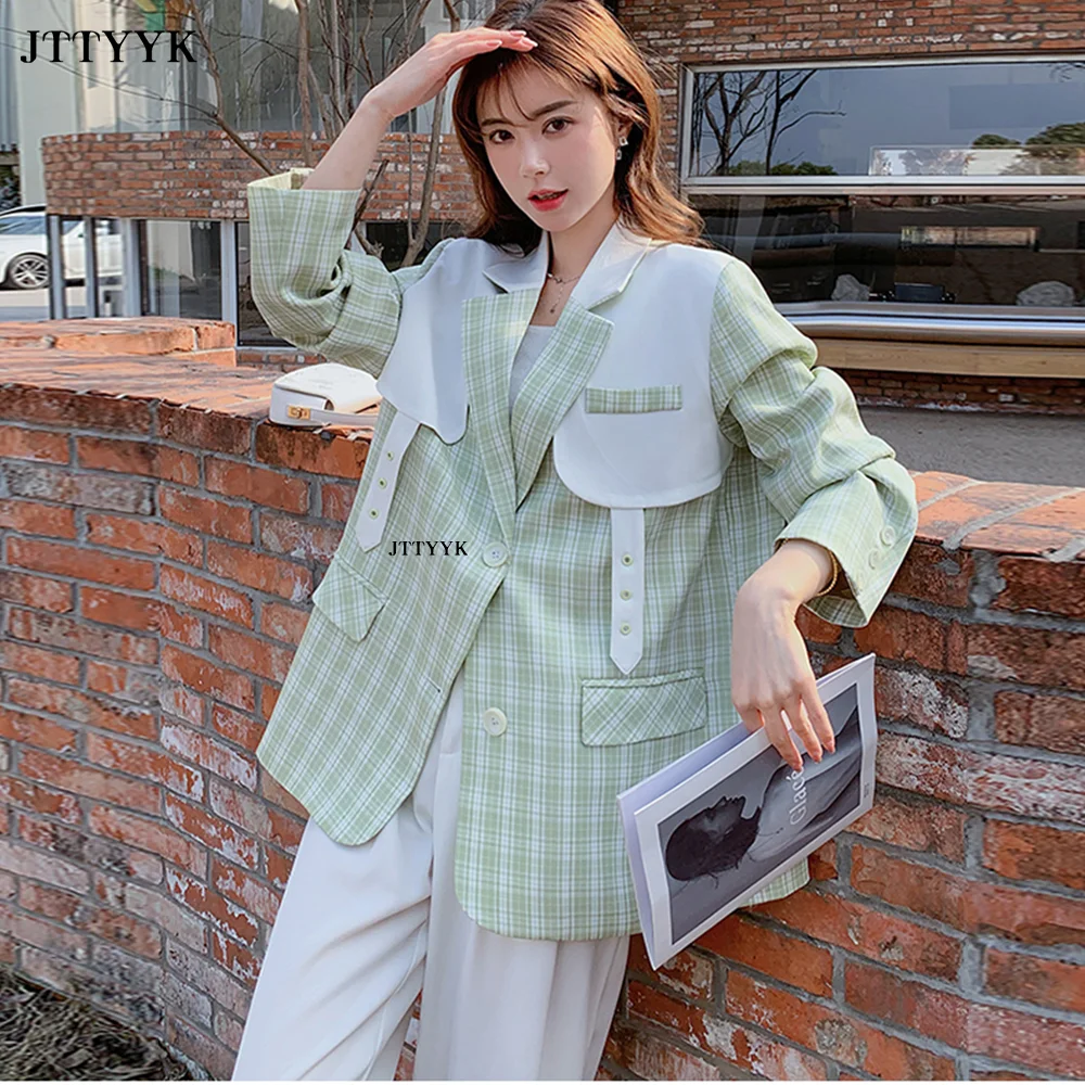 

Spring Coat Women Patchwork Lattice Blazer Vintage Single Breasted Coats With Pockets Office Lady Casual Clothing Autumn Jacket