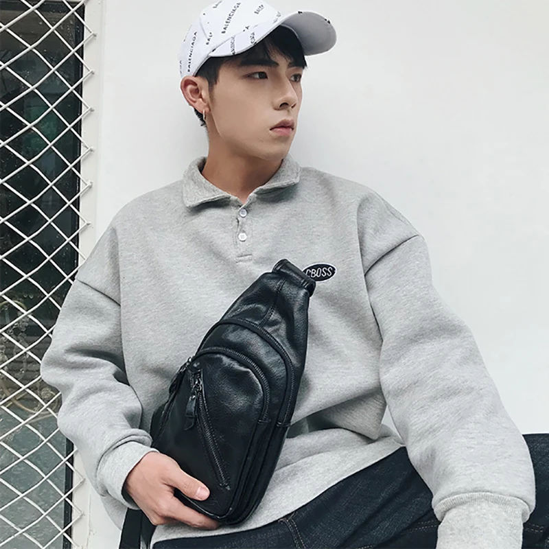 Leather Chest Bags Male One Shoulder Backpack Black Small Back Pack Waterproof Cross Body Purses Sling Bag for Man