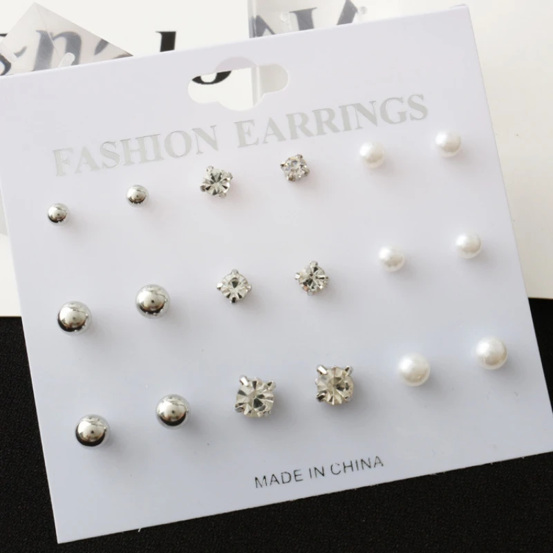 

9PCS / Set Hot Selling Simple Pearl Round Stud Earrings Personal Fashion Jewelry Accessories