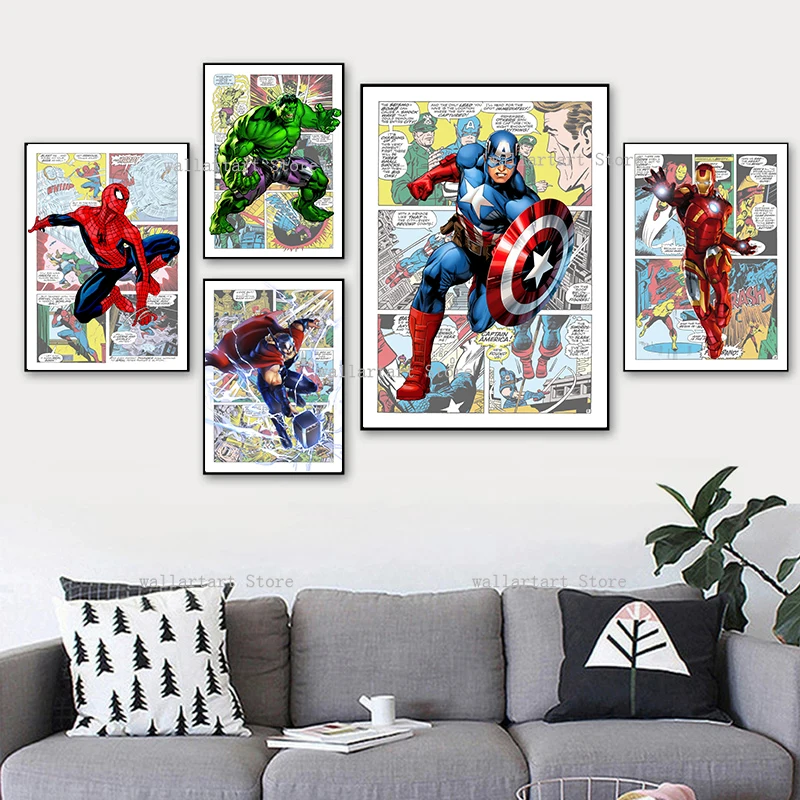 Постеры Marvel Comic 2022 Spiderman Captain America Hulk Thor Wall Art Prints Canvas Painting Living Room Decor Home Mural.
