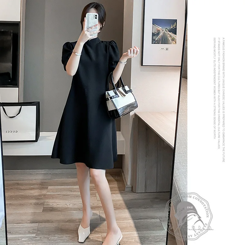 

High Grade Heavy Silk Stand Collar Dress With Thin Temperament And Closed Waist Bubble Sleeve Mulberry Silk Black Skirt Women