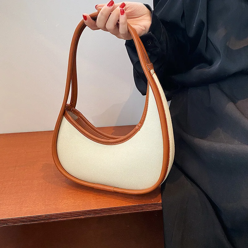 

Summer Simple Design Ladies Canvas Splicing Handbag Small Half Moon Shoulder Bag for Women Female Armpit Bag Handbags and Purses