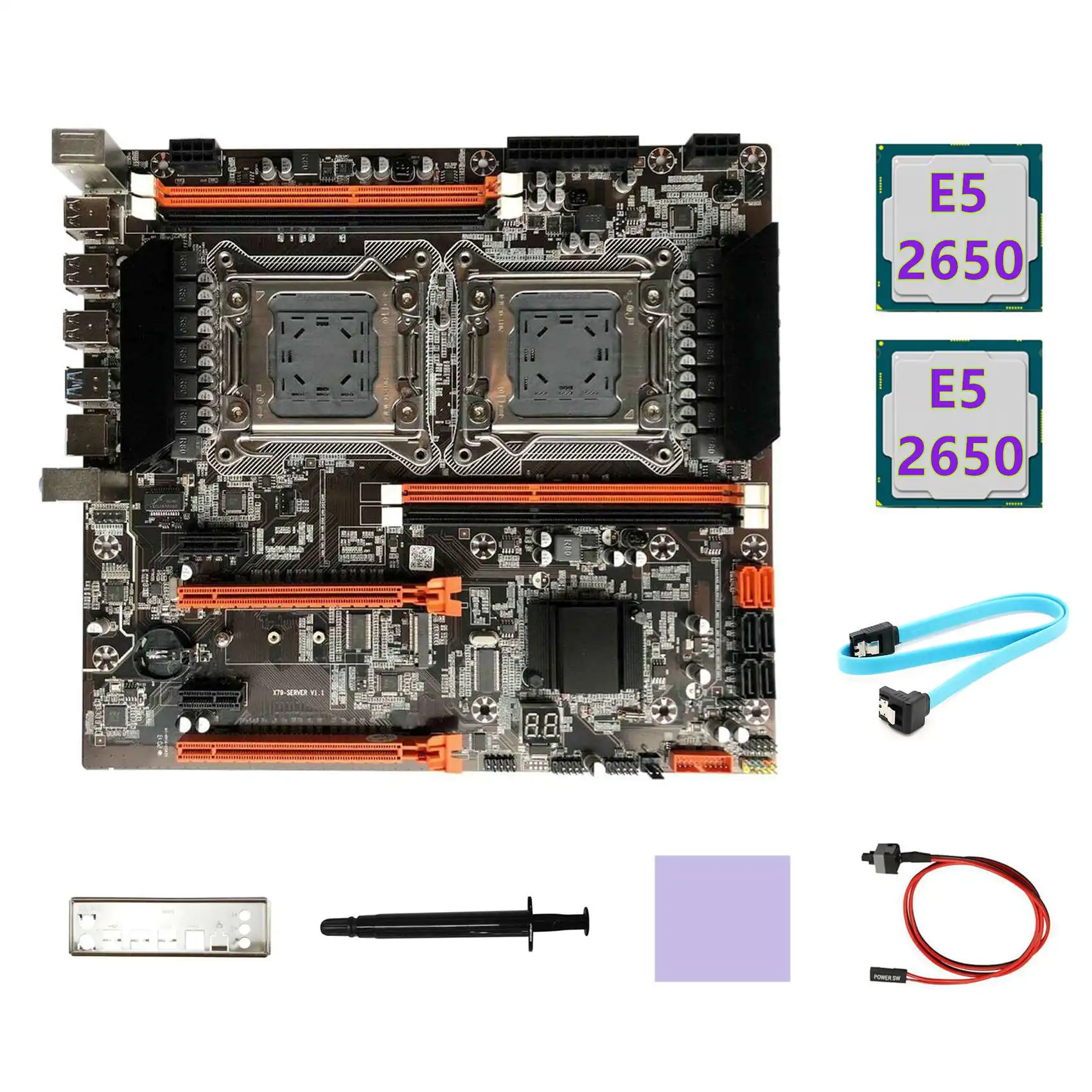

X79 Dual CPU Motherboard+2XE5 2650 CPU+SATA Cable+Switch Cable+Baffle+Thermal Grease+Thermal Pad LGA2011 X79 Motherboard