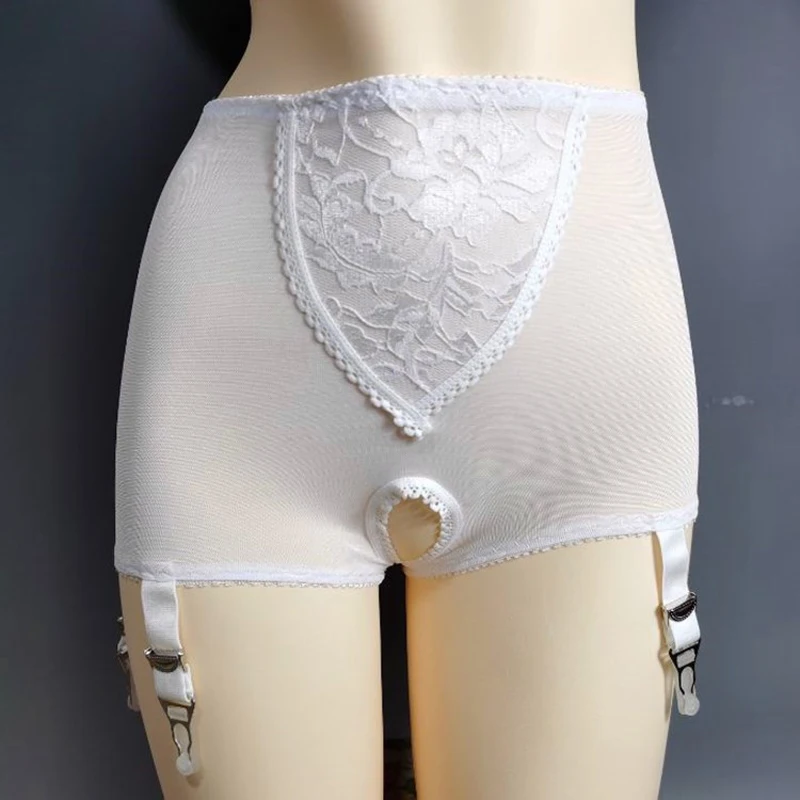 Lace Embroidery Open Crotch Garter Woman Exotic Lingerie Stockings Accessories 6 Claws Non-slip Buckle High Waist Mesh Garter
