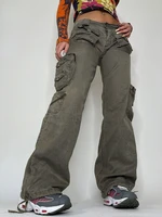 pockets streetwear cargo jeans woman button low waist y2k denim wide leg pants retro aesthetic casual grunge trousers