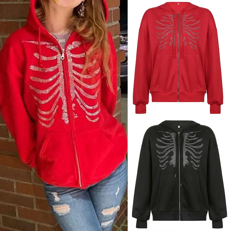 

Waatfaak Streetwear Rhinestone Hoodie Skeleton Grunge Coat Hoodie Streetwear Outwear Overcoat Autumn Winter Casual Oversized