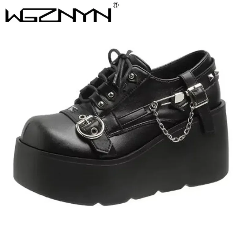 Женские кожаные ботинки в стиле ретро черные туфли панк и готика металлическая