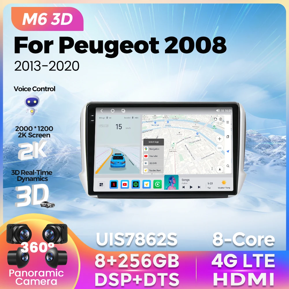 

M6 Pro 3D UIS7862S 8 ГБ + 256 ГБ Автомагнитола 2Din для Пежо 2008 2013-2020 Android 12 GPS-навигация мультимедийный видеоплеер QLED 2K экран