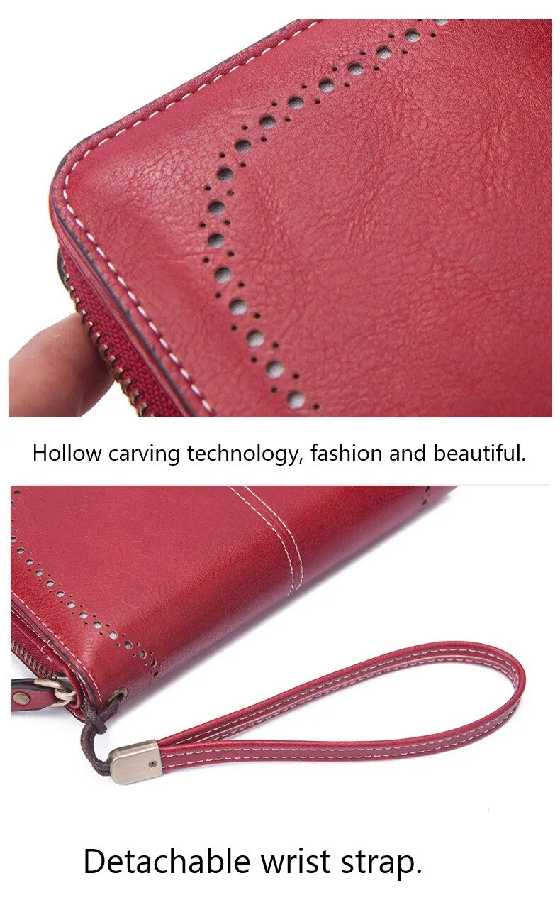 2023 Woman's Long Purse New Vintage Oil Wax Leather Hollow Wallet Large Capacity Mobile Phone Bag Female Wallet