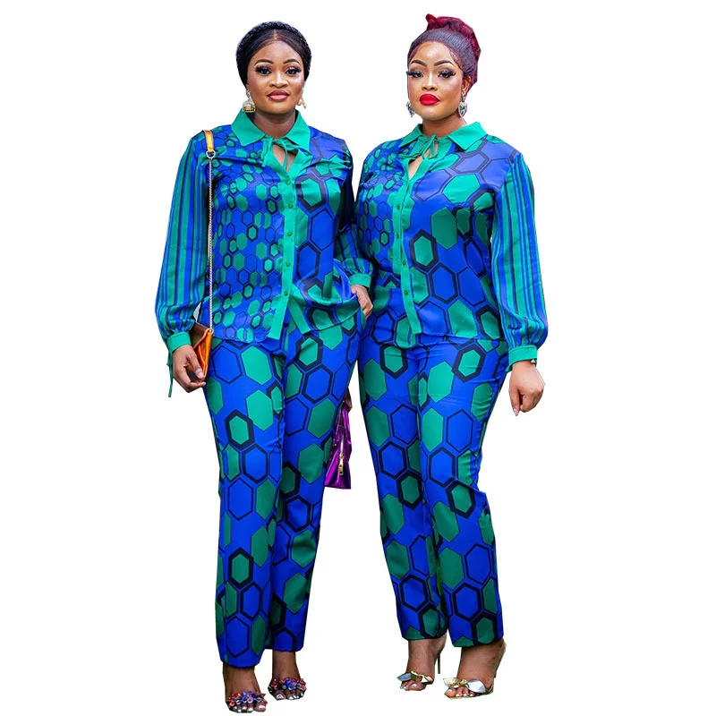 Two Piece Women Set Spring New Casual Print Long Sleeve Shirt Blouse And Pants Matching Set Fashion African Suit Office Lady