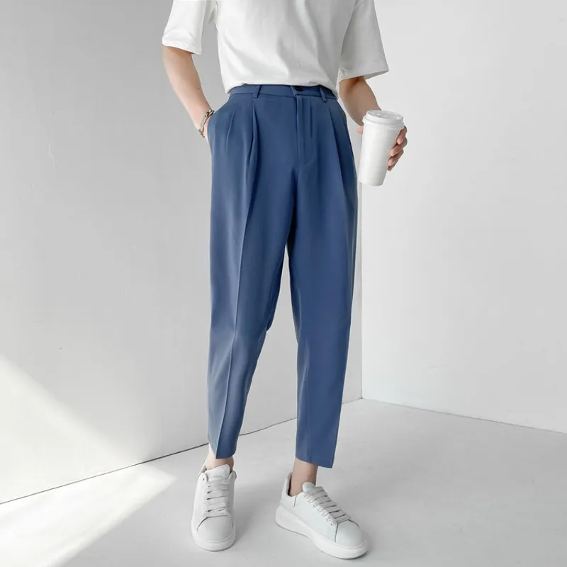 

Summer Fashion Men's Pants Elastic Waist Ankle Length Casual Suit Pant Korean Style Regular Fit Solid Luxury Trousers Beige Blue