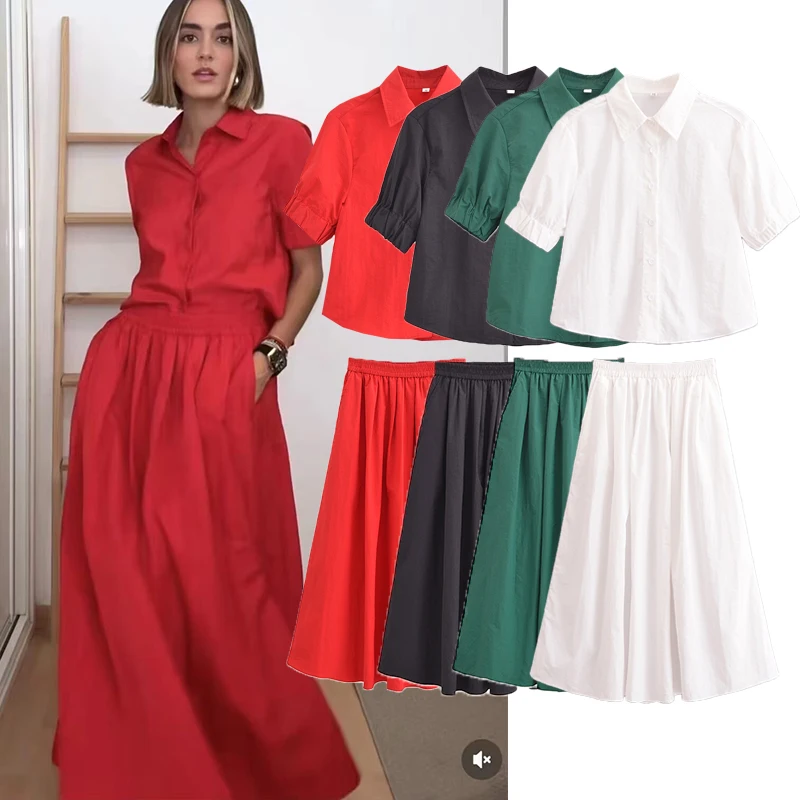 Женский винтажный комплект из юбки и рубашки с коротким рукавом