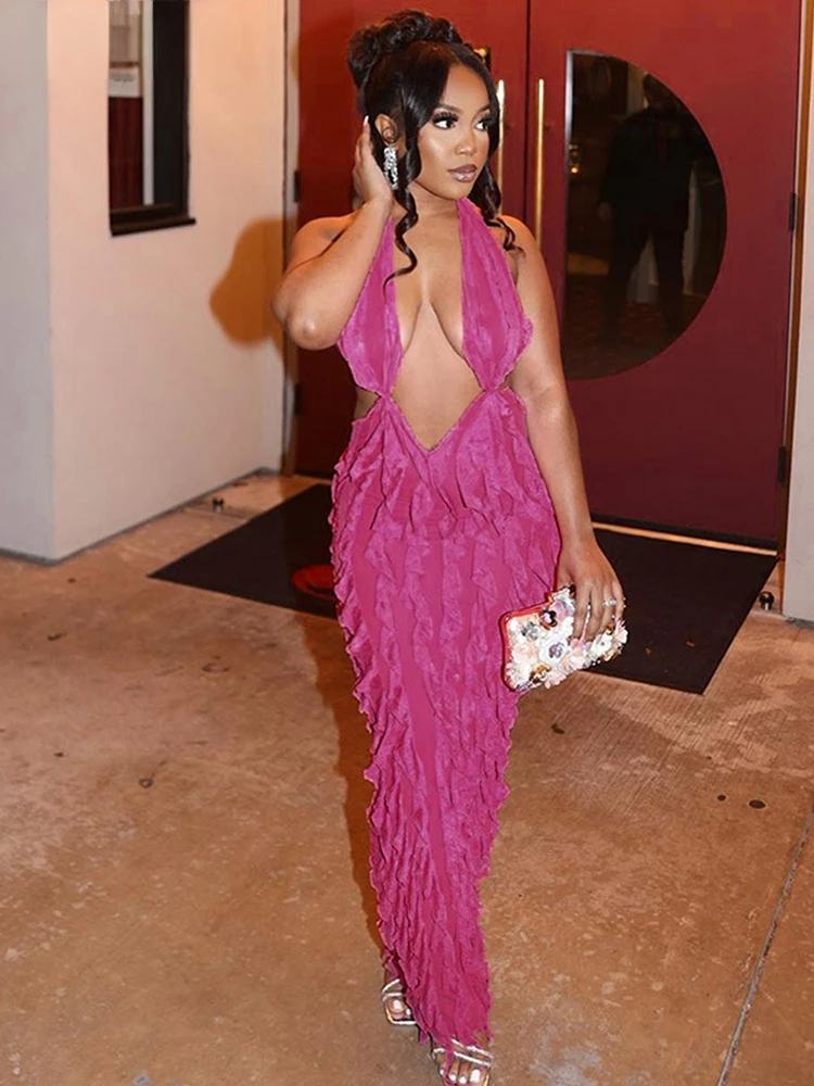 

Wishyear Ruffled Mesh Deep V Halter Backless Green Long Dress Sexy Party Night Clubwear Pink Birthday Dresses for Women Robe