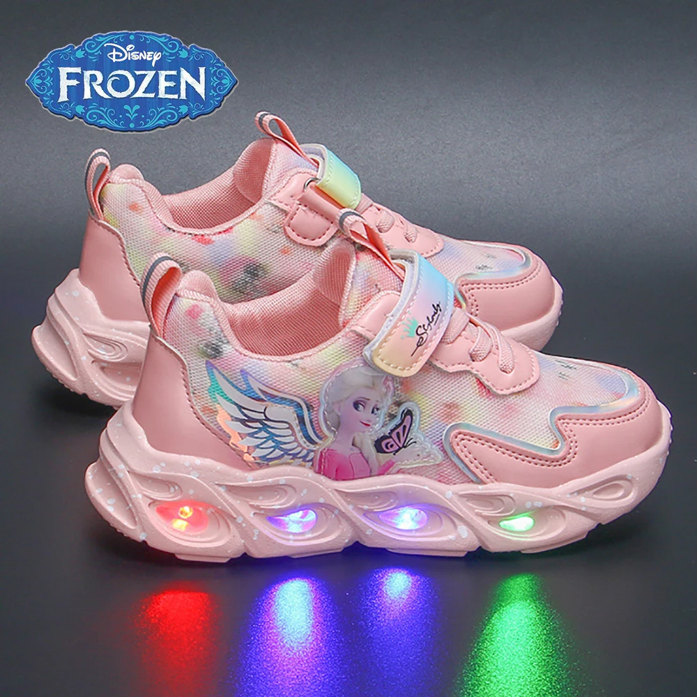 2022 Spring New Disney LED Casual Sneakers For Girls Frozen Elsa Princess Print Outdoor Shoes Children's Lighted Non-slip Shoes