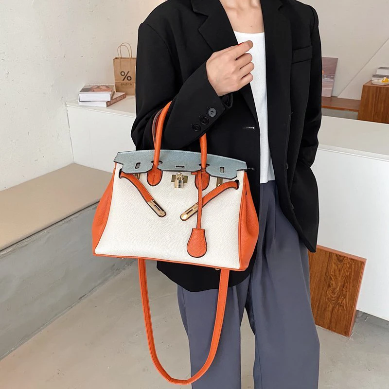 

New Ladies Fashion Messenger Bag Stitching Color Lychee Pattern Retro Large Capacity Lock High Quality Wear-Resistant Handbag