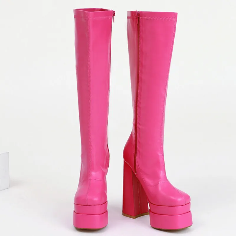 Woman New Fashion Sexy Pure Color Square Toe High Heels Platform Zipper Knee High Boots Slim Height Increasing Outdoor Shoes 42