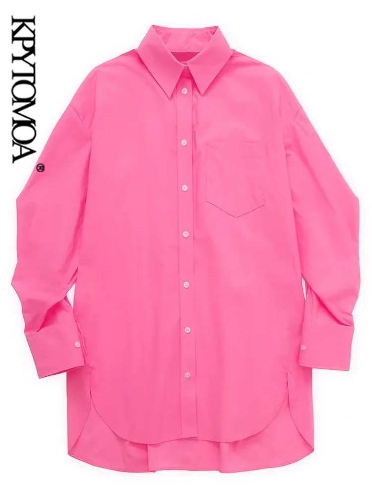 KPYTOMOA Женская мода с накладным карманом большой размер винтажная блузка длинным