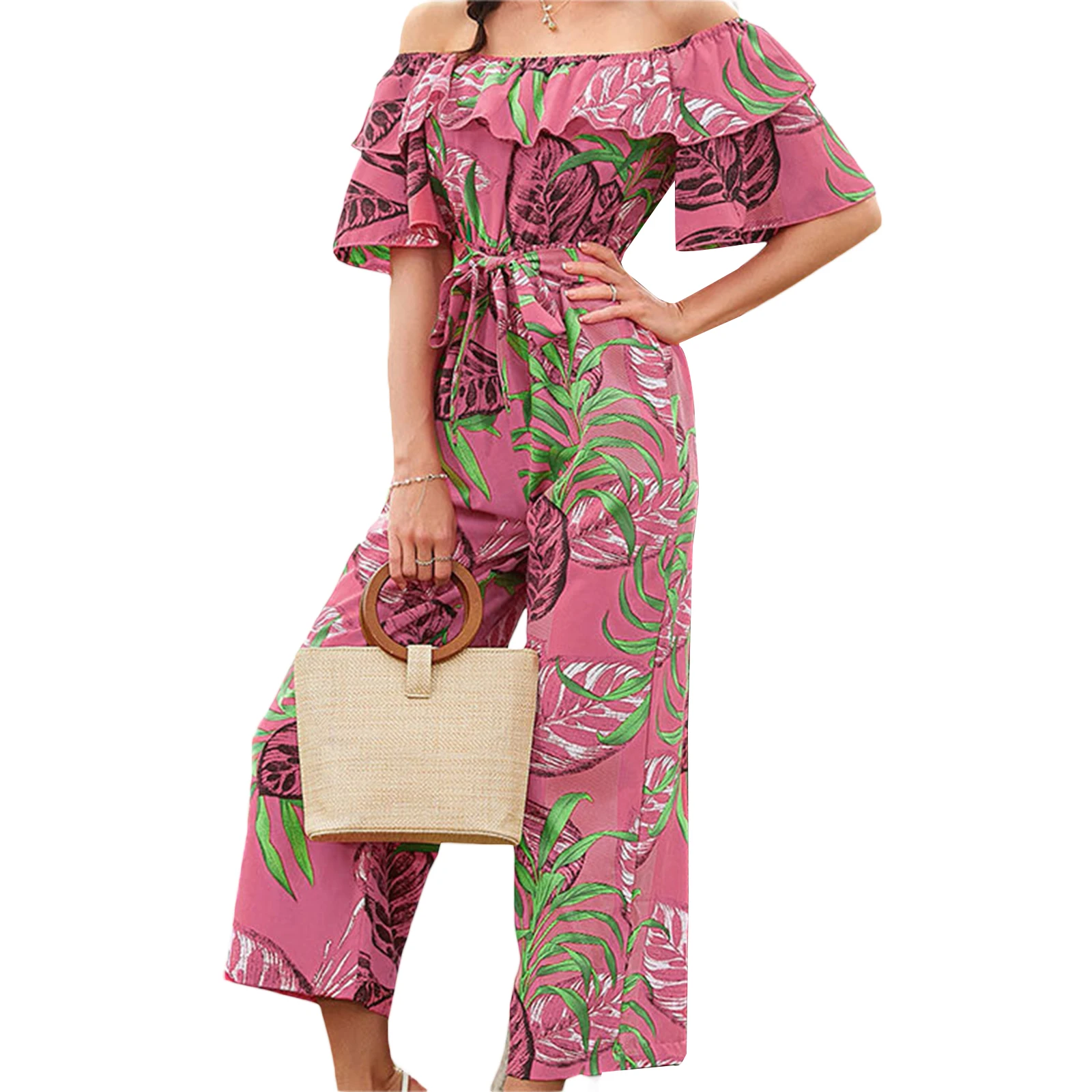 

Женские летние комбинезоны, праздничные пляжные Длинные Комбинезоны с открытыми плечами и широкими штанинами с цветочным принтом листьев, комбинезоны с поясом