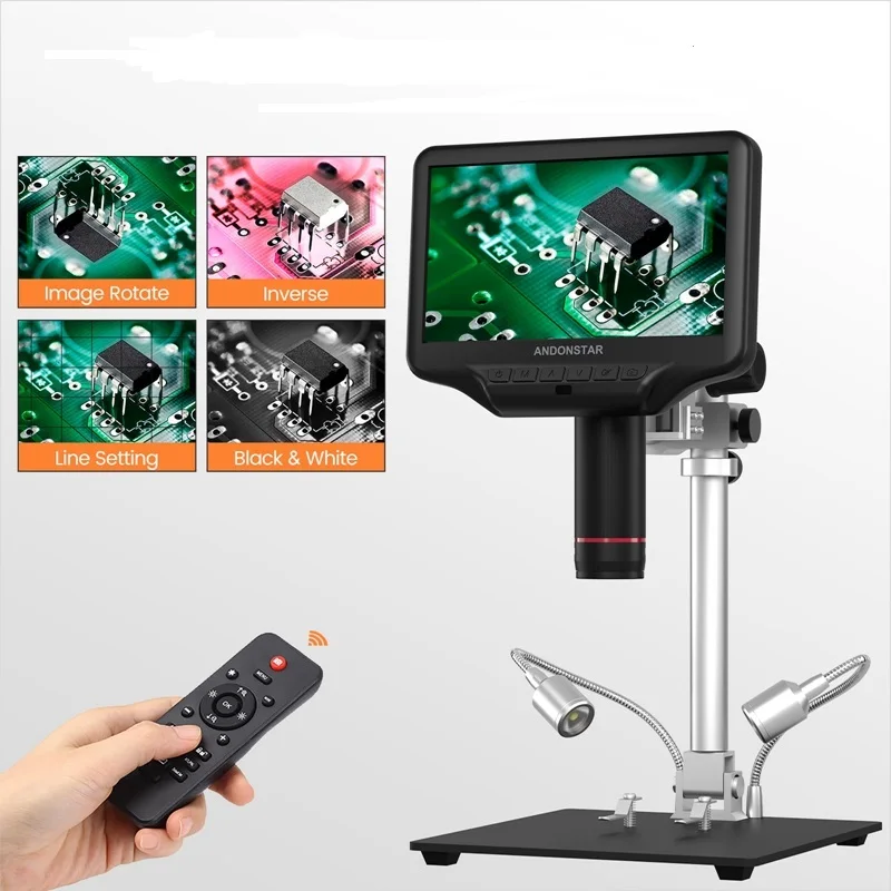 Фото Andonstar AD407Pro 7-дюймовый цифровой микроскоп 270X HDMI для монетных печатных плат/SMD, инструменты для ремонта пайки, 3D-эффект, 12,5-дюймовая металлическая подставка №1
