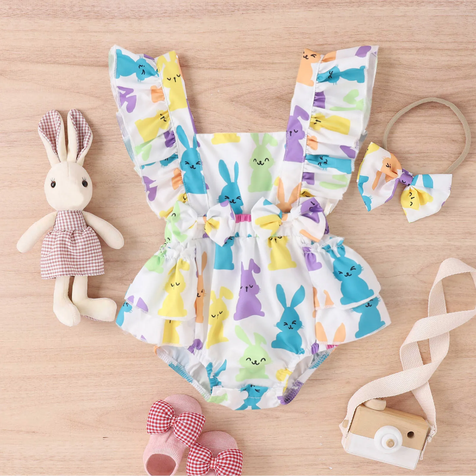 

Newborn Girls Rompers Baby Clothes Summer Clothing Toddler Rabbit Print Ruffle Sleeveless Square Neck Jumpsuit Infant Outfits
