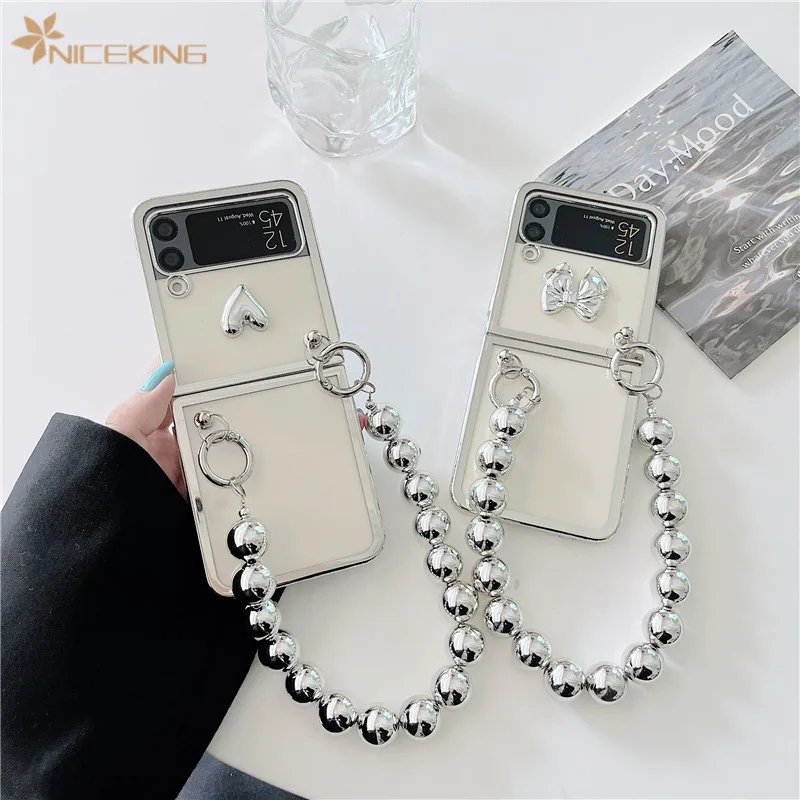 

Fashion Plating Love Bracelet Lanyard Phone Case for Samsung Galaxy Z Flip 4 5G Clear Hard Cover Case for Samsung Z Flip 3 Flip4