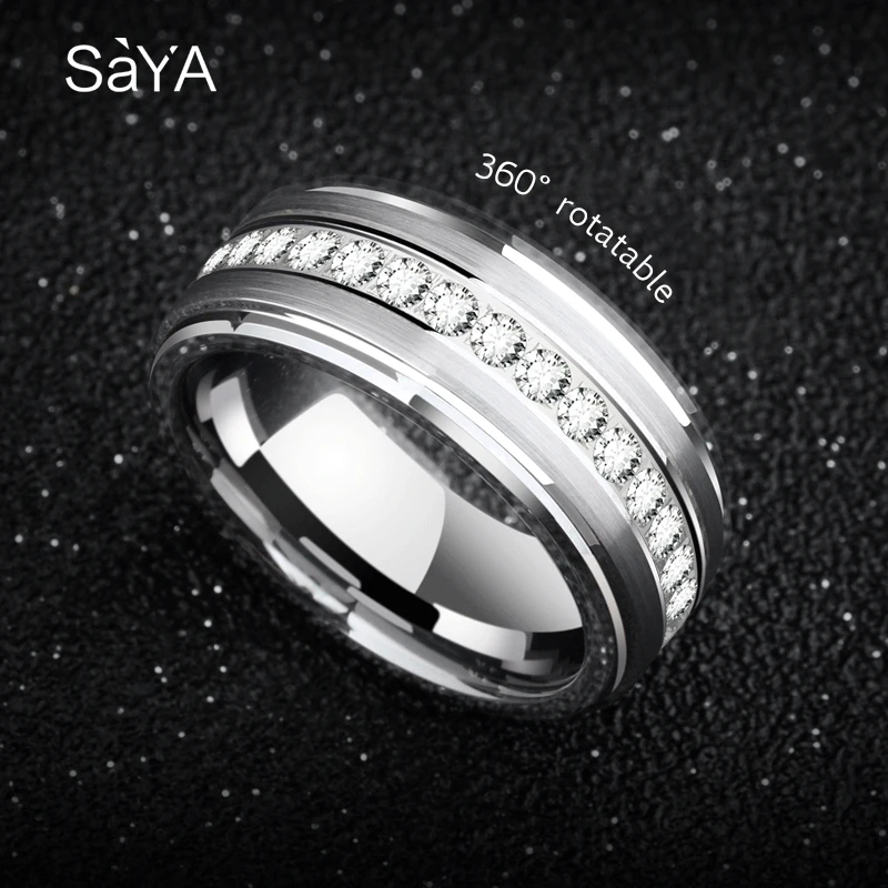 Rotatable Ring for Men and Women 8mm Width White Tungsten Carbide Fashion Couple Jewlery with CZ Stones,Customized,Free Shipping