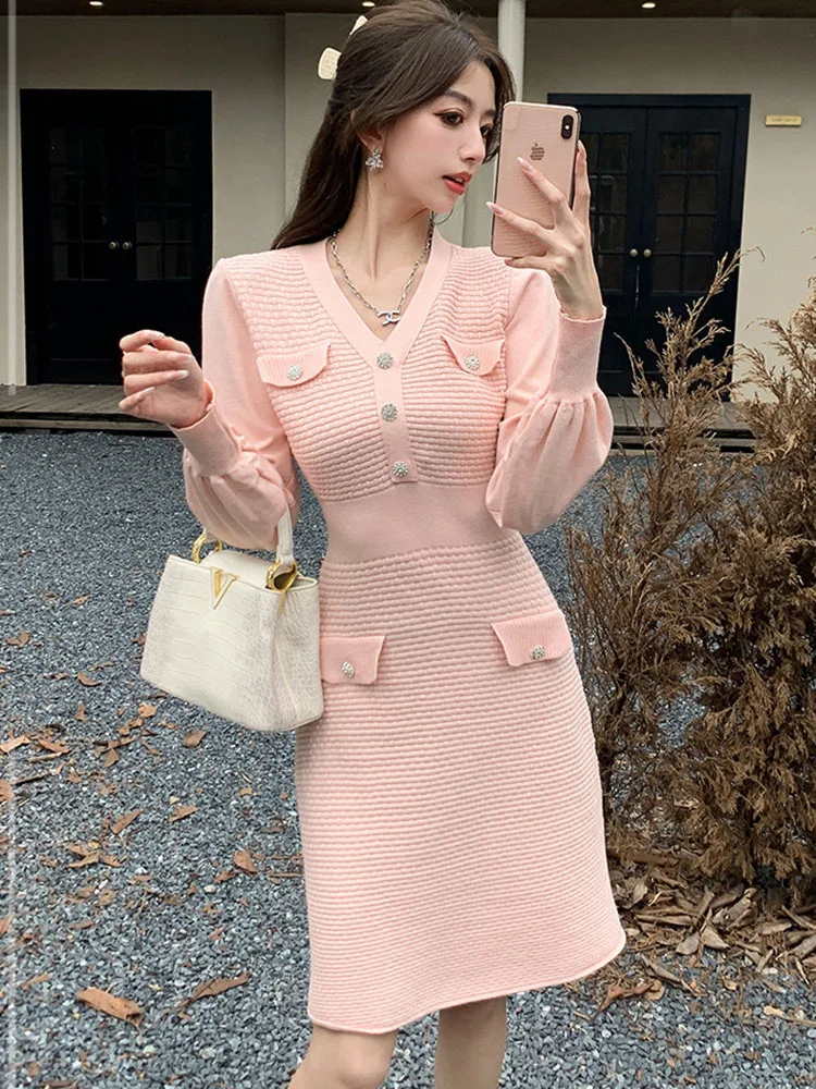 Осень-зима милое вязаное платье с v-образным вырезом корейский дизайн тонкое