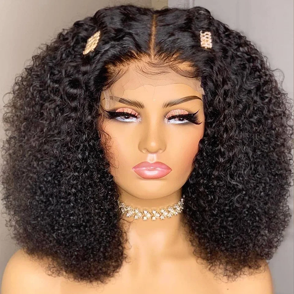 

14Inch Kinky Curly Short Bob Natural Black Lace Front Wig 180 Density Soft Hair Wig For Women Daily Cosplay Heat Resistant Fiber