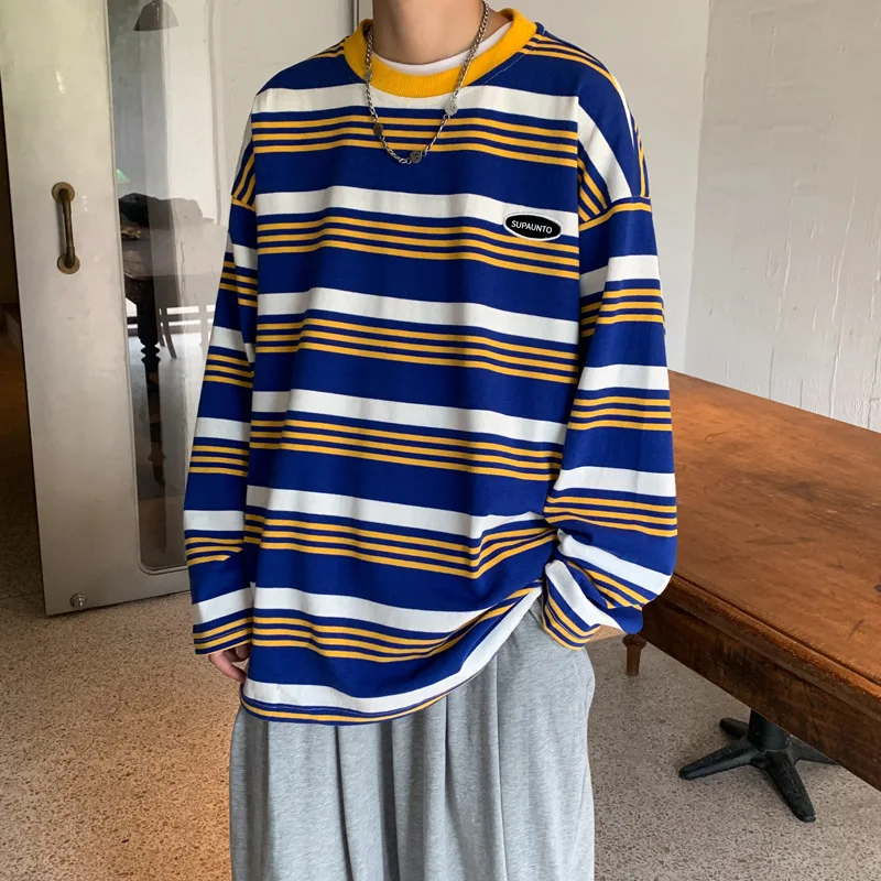 

Ins Harajuku Sweatshirt Men Loose Bottom Shirt Spring Autumn Japanese Stripes Color Couple Striped Long-sleeve Vintage T Shirt