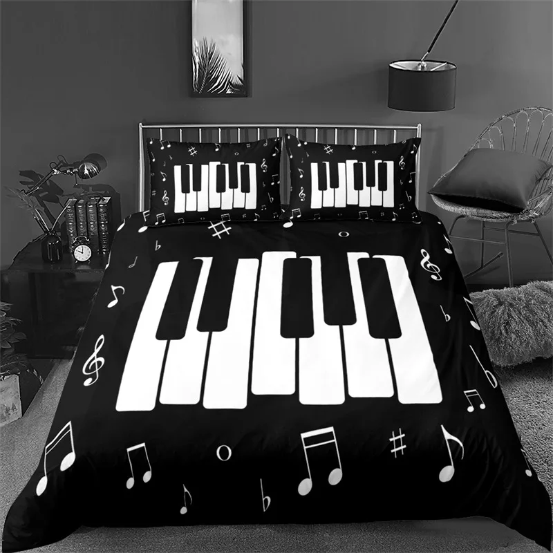

Bedding Set Microfiber Melody Music Geometric Quilt Cover King Size Piano Keyboard Black Duvet Cover Note Clef Staff Music Theme