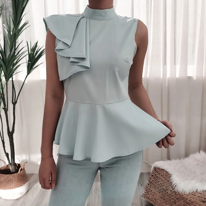 

Women Summer O Neck Sleeveless Solid Color Ruffled Chiffon Tops For Ladies Fashion Sweet Chic Blouses
