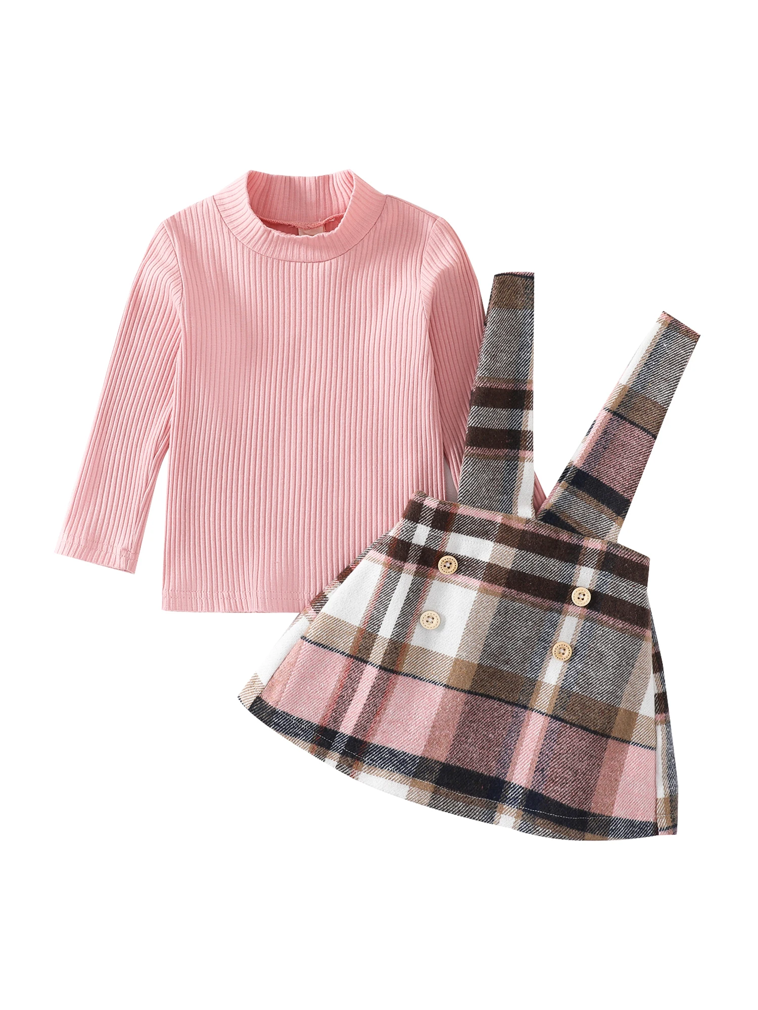 

Baby Girls Fall Winter 2Pcs Outfit Sets Ribbed Long Sleeve Pullover Tops Plaid Suspender Skirt 12 18 24M 2T 3T 4T 5T