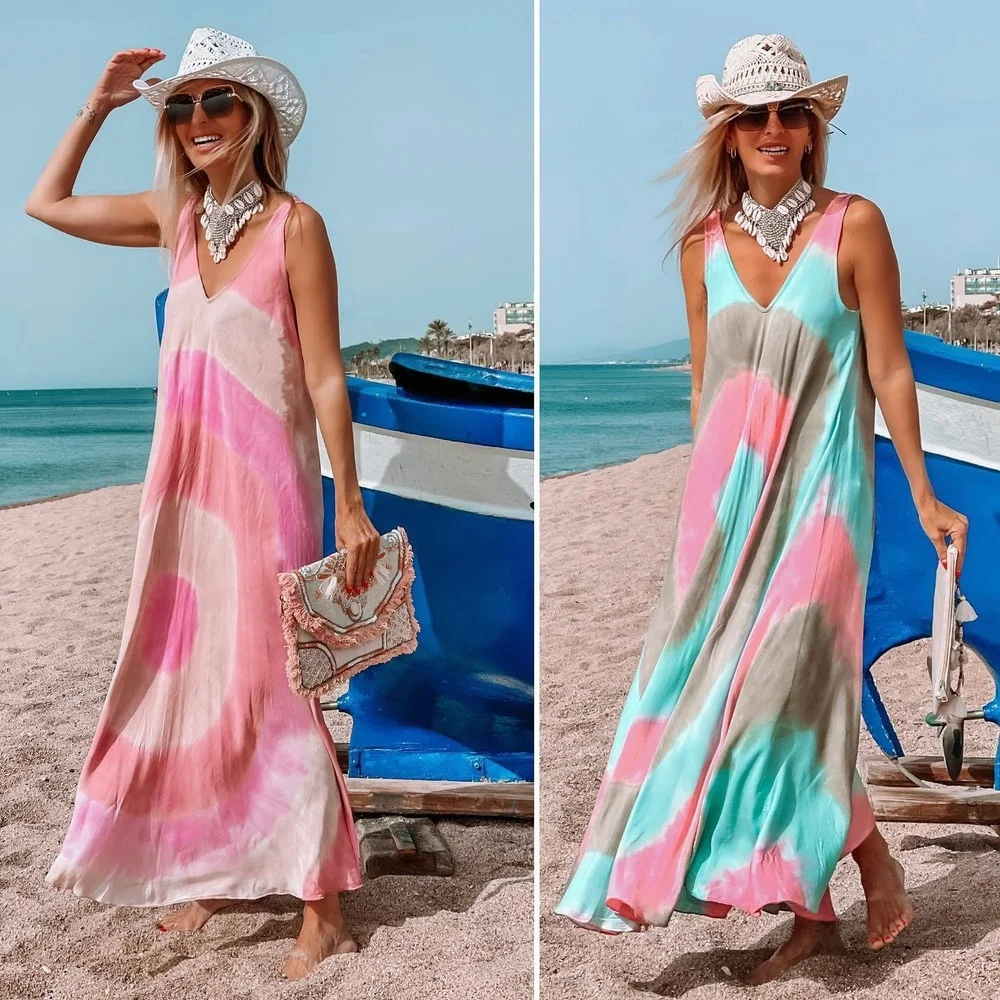 

Mandylandy Women Summer Beach Maxi Dress Fashion Female Print Sleeveless V Neck Loose Long Vacation Dress