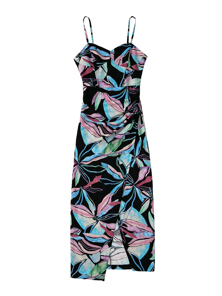 

XEASY Women Print Dress 2022 Summer New Thin Straps Slim Slit Dress Sexy Nightclub Retro Elegant Midi Dress