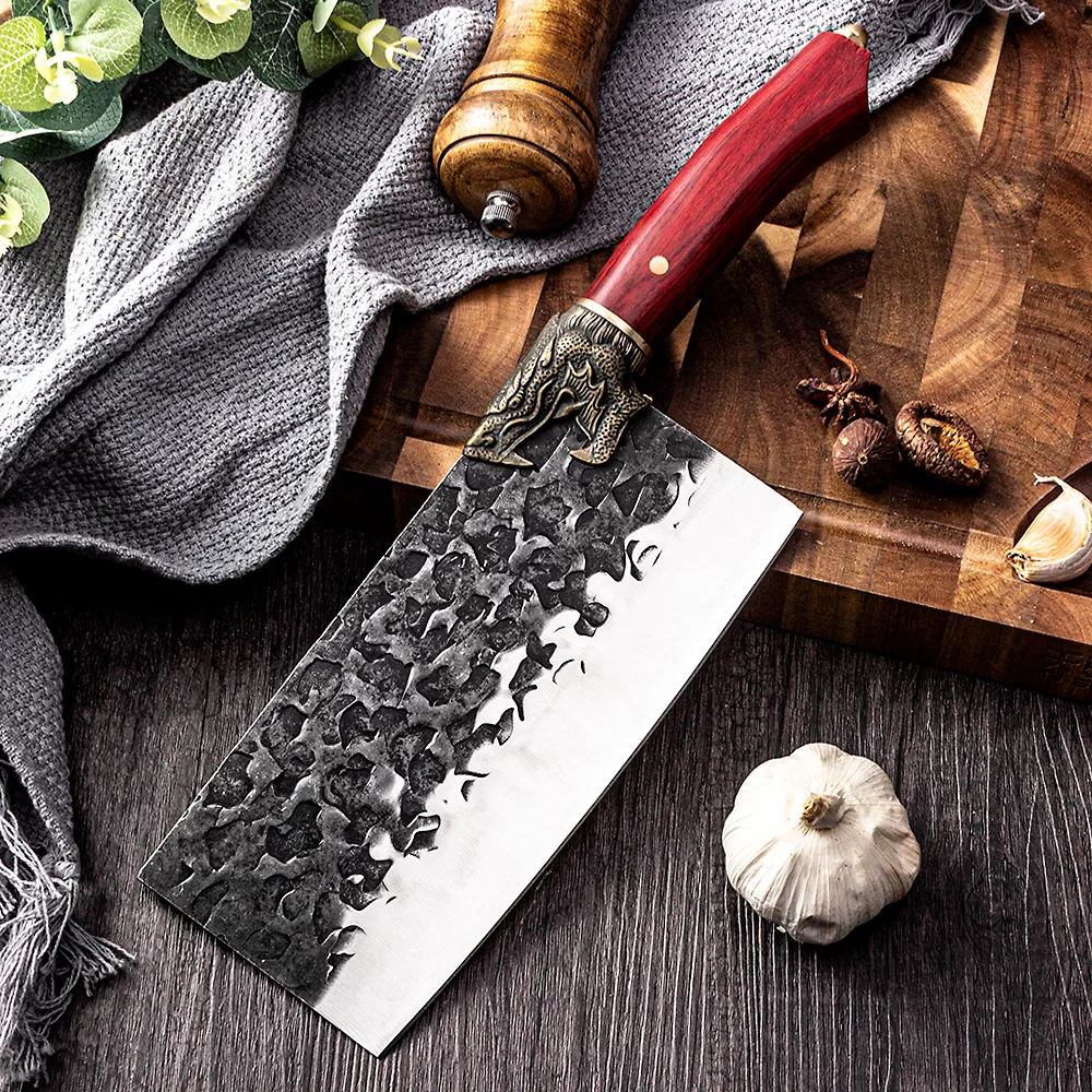 

Longquan Knife Handmade Forge Steel Kitchen Knife 8 Inch Very Sharp Slicing Chopper Fixed Blade Knife Copper Dragon Decor Handle
