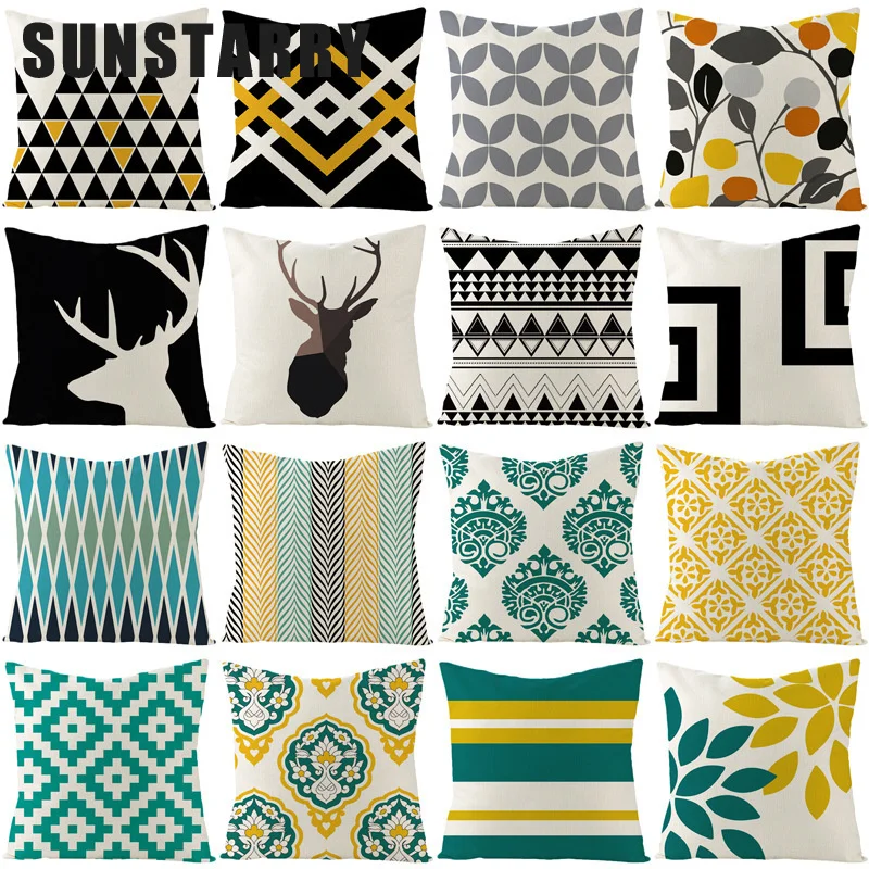 

Nordic Simple Blue Cushion Cover Yellow Stripe Home Decorative Linen Geometric Pillow Cover 45x45cm Pillow Case Funda Cojín