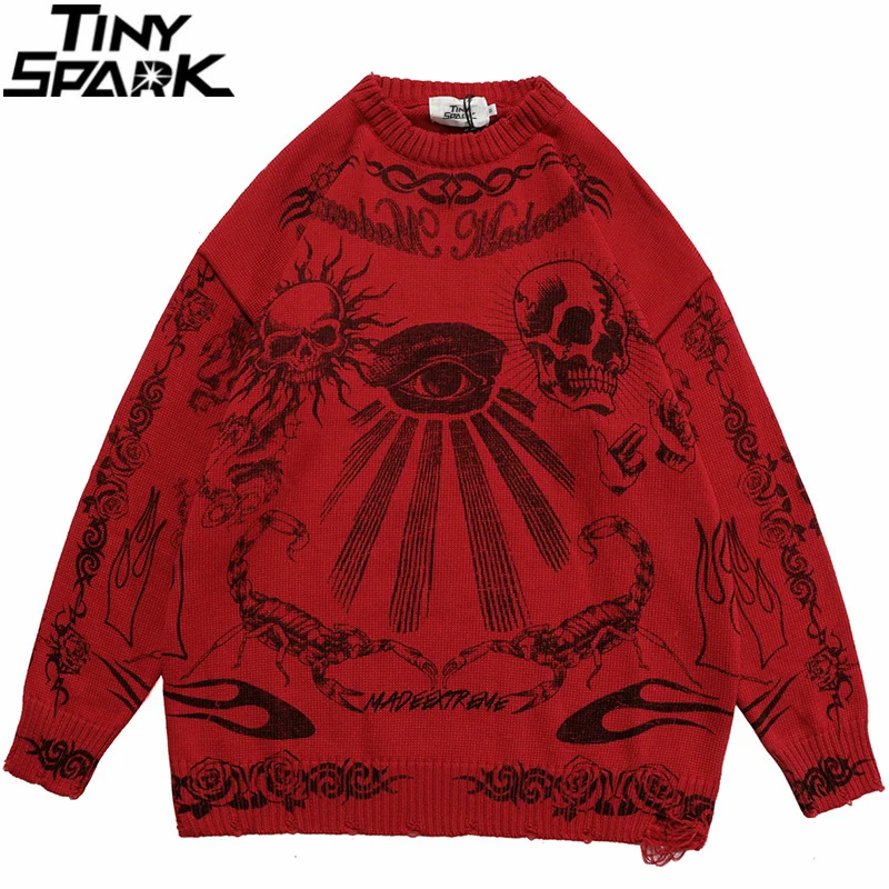 

2023 Hip Hop Knitted Sweater Streetwear Rose Eye Scorpion Print Ripped Pullover Men Harajuku Cotton Casual Autumn Sweater Skull