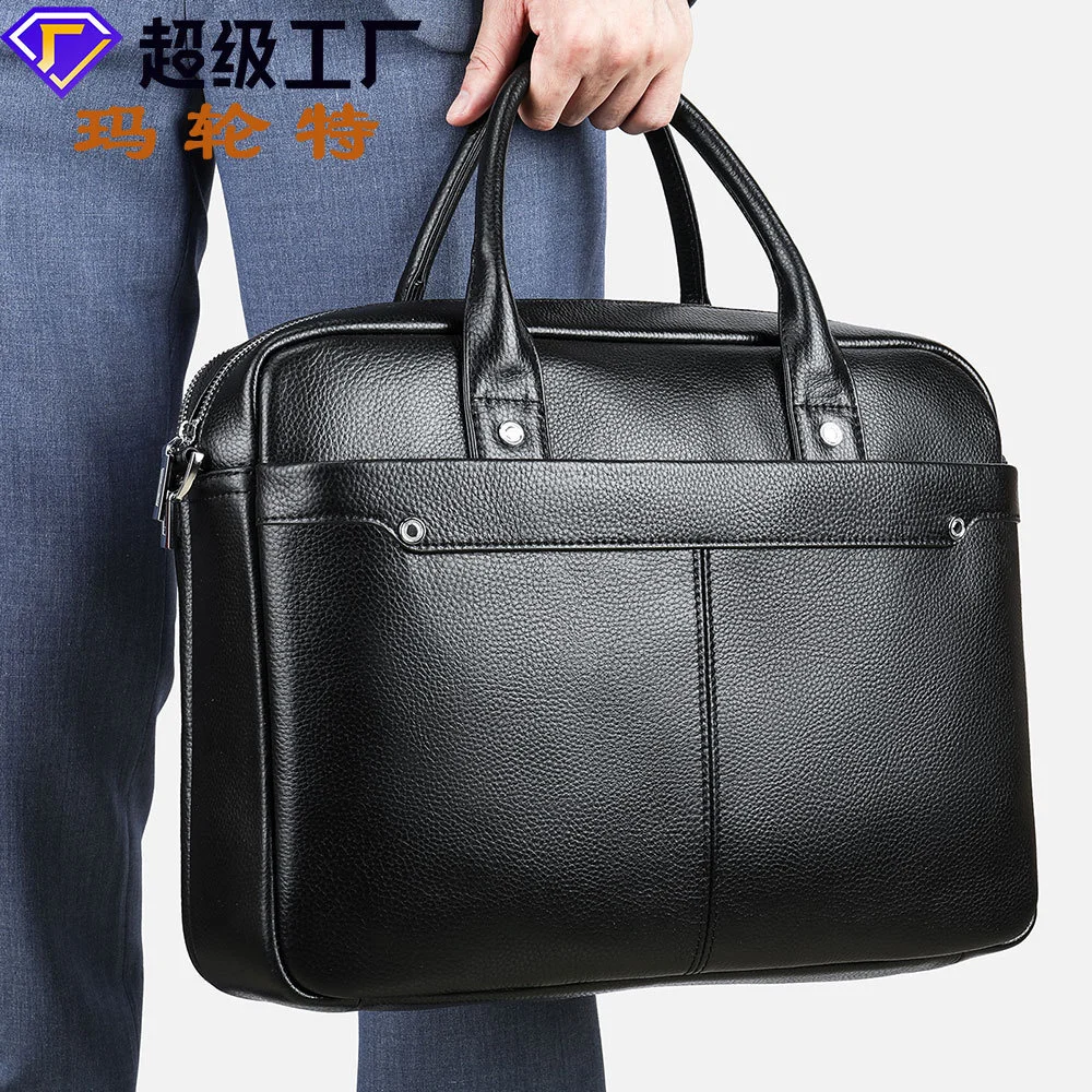 

Malunte Handmade Men's Leather 15 inch Horizontal Cowhide Laptop Computer Bag Business Premium Briefcase Men