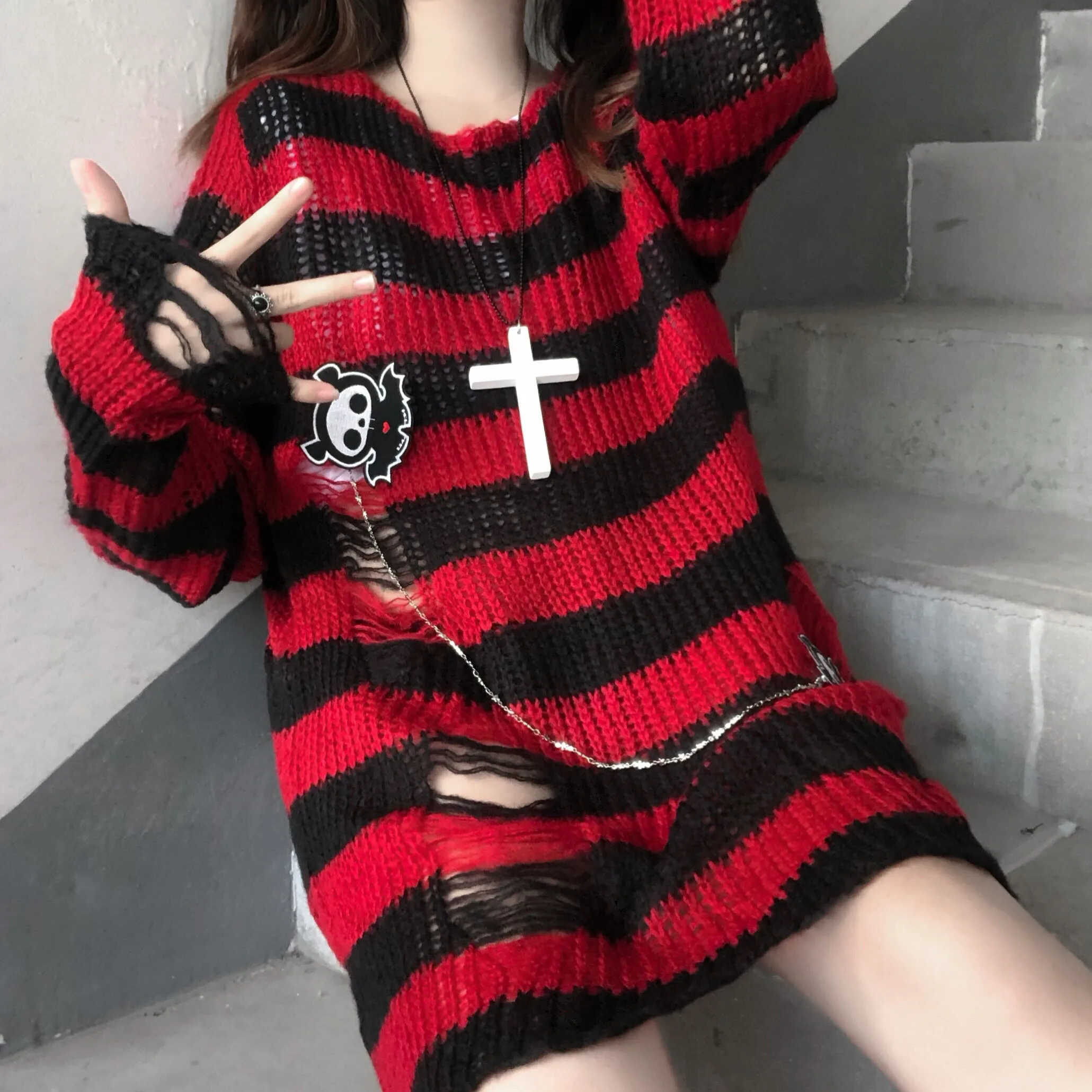 

Striped Gothic Loose Sweater Women Ripped Holes Hip Hop Punk Knitted Pullover Fairy Grunge Jumpers Emo Lolita Sweater Streetwear