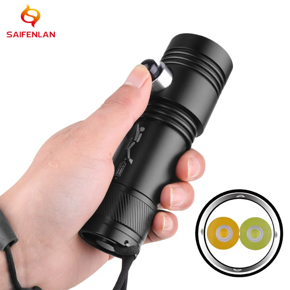 

Scuba Diving Flashlight Underwater Torch Waterproof XHP50 LED Submarine Lights 26650 18650 Battery White & Yellow Dual Light