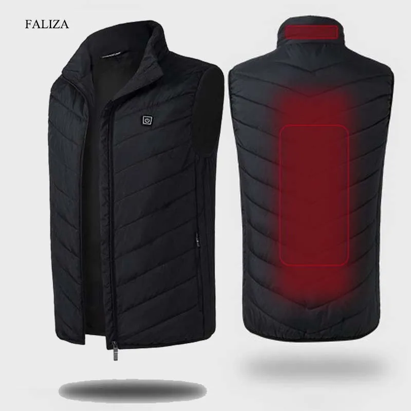 

FALIZA USB Heated Vest Men Winter Heating Jacket Male Waistcoat Thermal Warm Clothing Feather Sleeveless Gilet Homme Vests MVM02