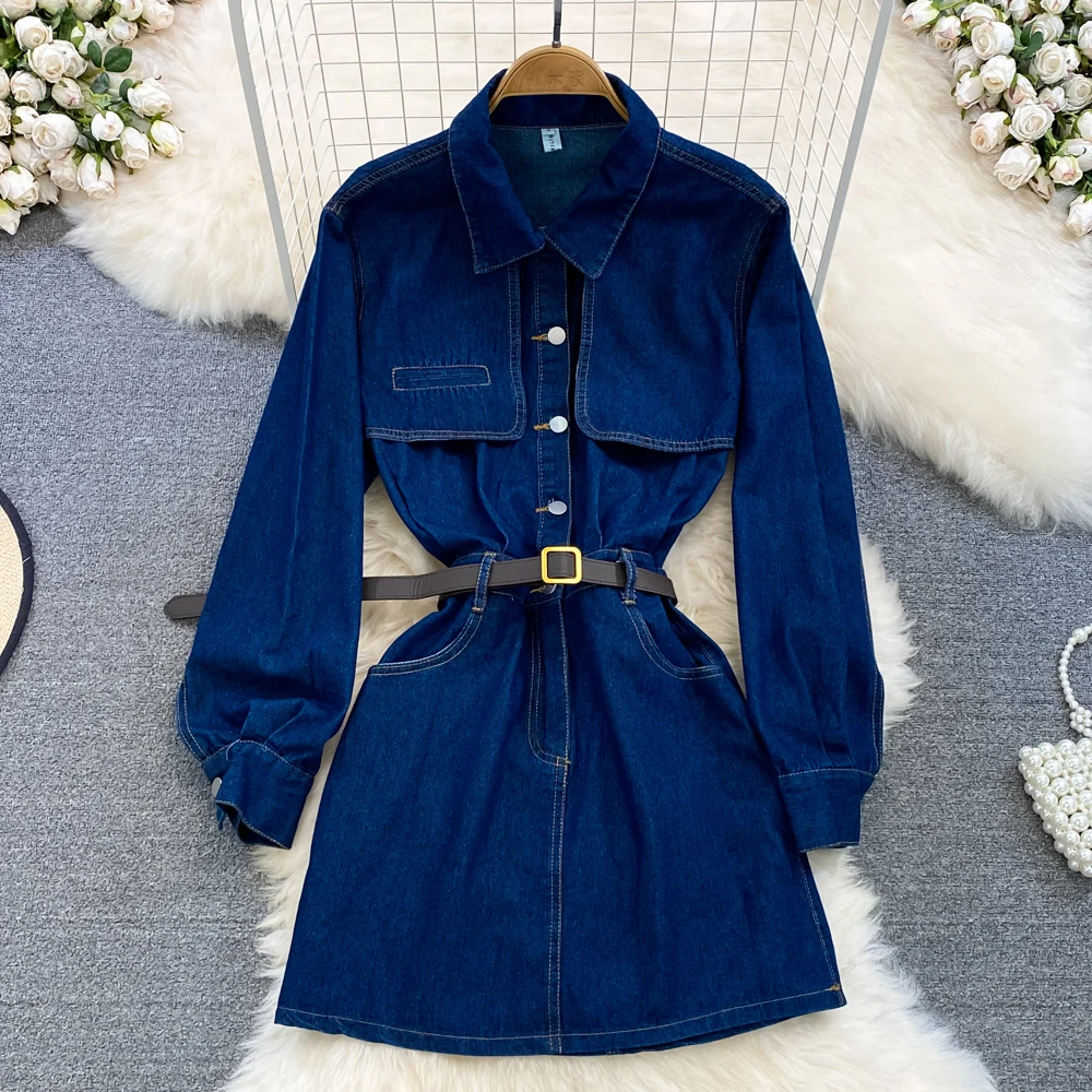 

American Retro Sweet and Cool Temperament Lapel Waist Slim Long-sleeved Denim A-line Dress