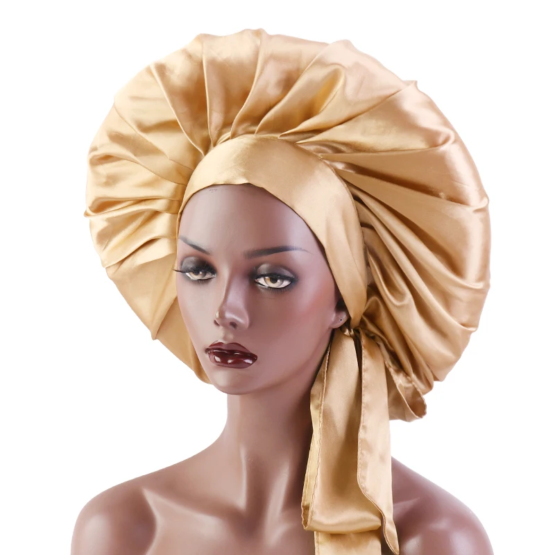 Новый очень большой шелковый боне для волос с завязками на ночь, длинная защитная головная повязка, капюшон для сна, бандана на голову.
