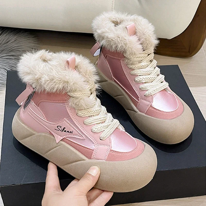 

Winter Fur Snow Ankle Boots Women Sport Sneakers 2024 Designer Platform Flats Chelsea Boots Warm Plush Walking Zip Femme Booties